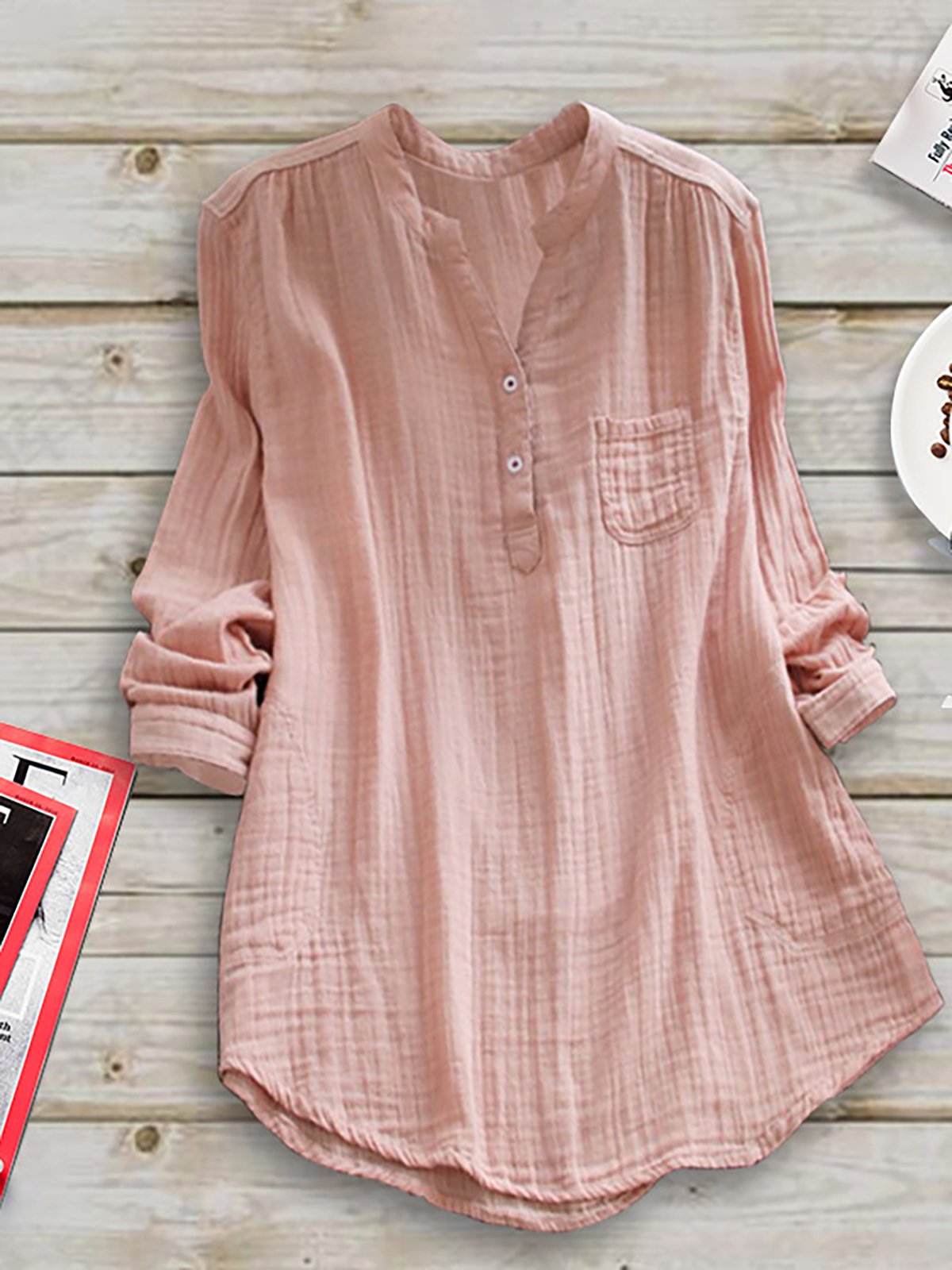 Casual Paneled Stand Collar Linen Plus Size Blouse