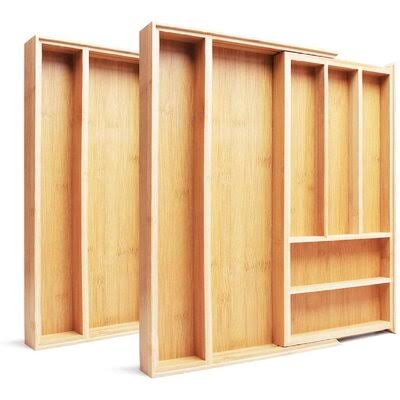 Rebrilliant 2 Packs Expandable Bamboo Drawer Organizer - Kitchen Flatware Organizers Adjustable Silverware Cutlery Tray with Gro