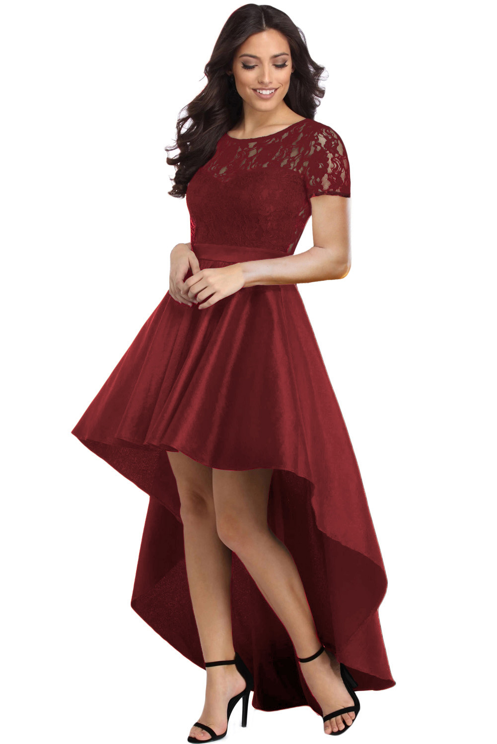 Burgundy Lace Bodice Elegant Hi-low Party Dress