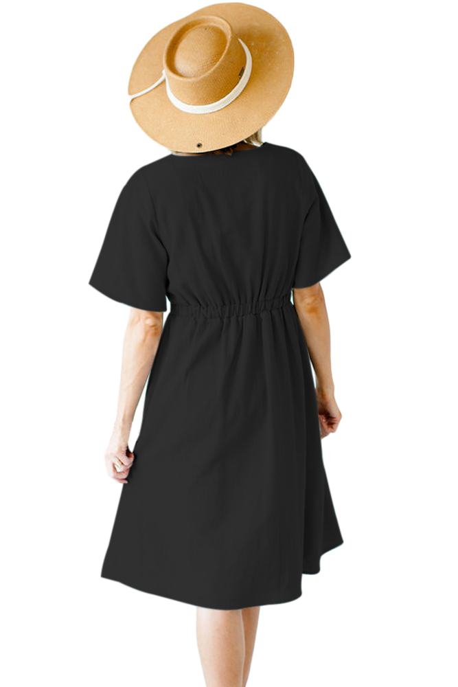 Black Asymmetrical Button Up Front Midi Dress  (缺货不可预定)