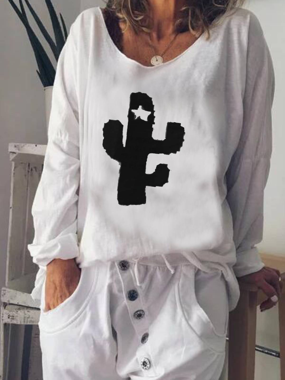 Cotton-Blend Round Neck Long Sleeve Shirts & Tops