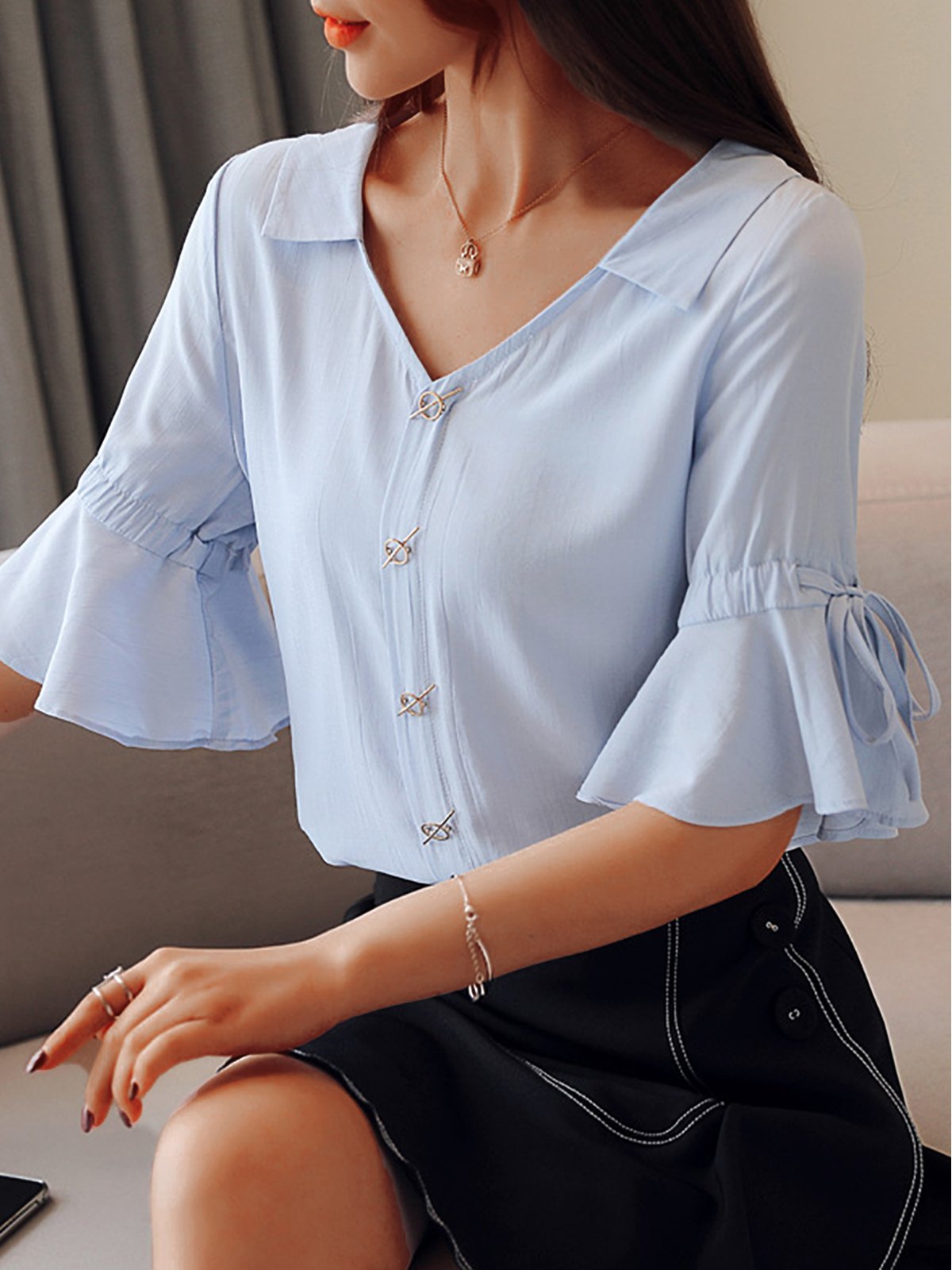 Plus Size  V-neck Chiffon Short Sleeve  Solid  Casual  Top