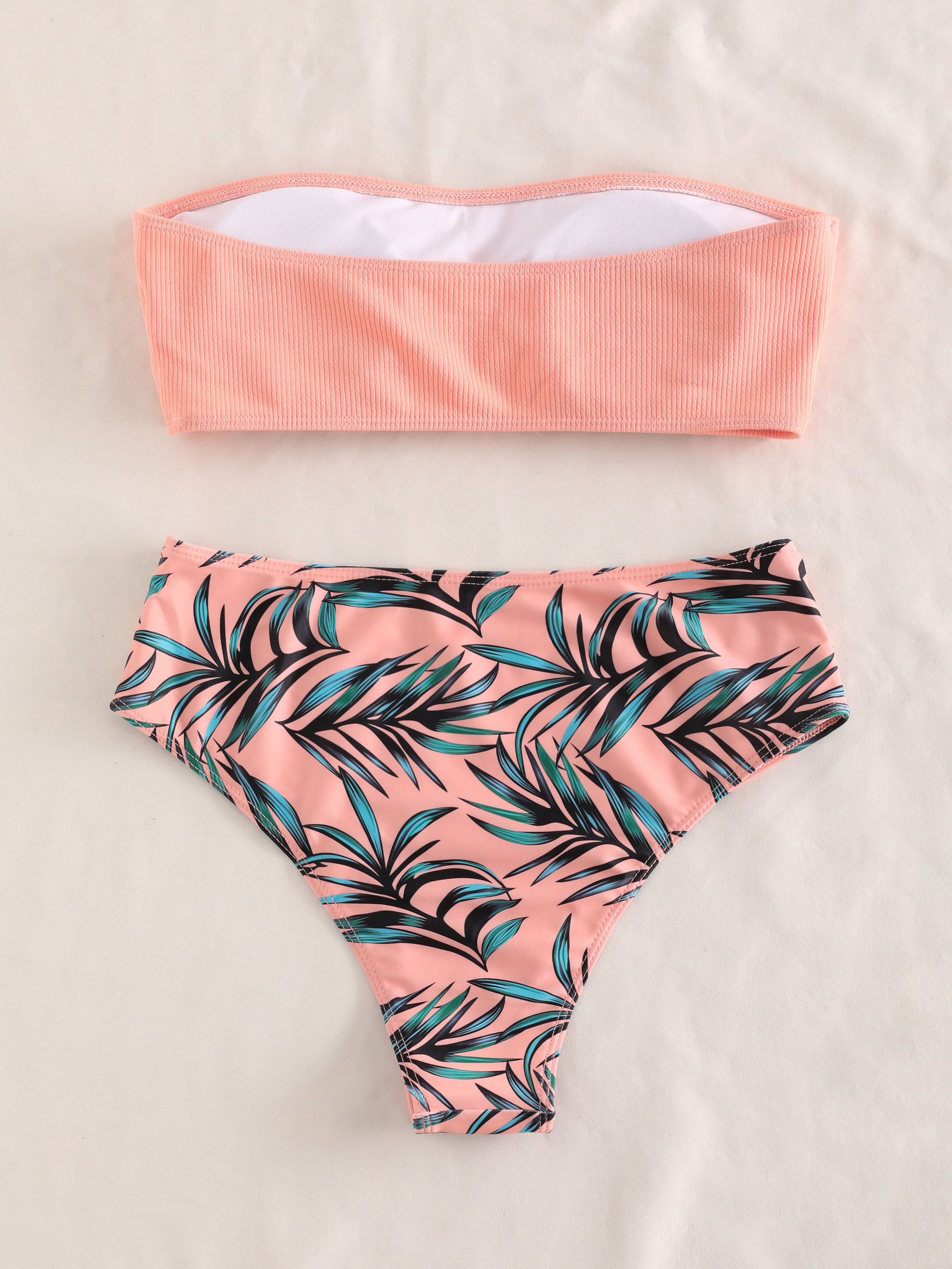 Ribbed Leaf Print Bandeau Bikini