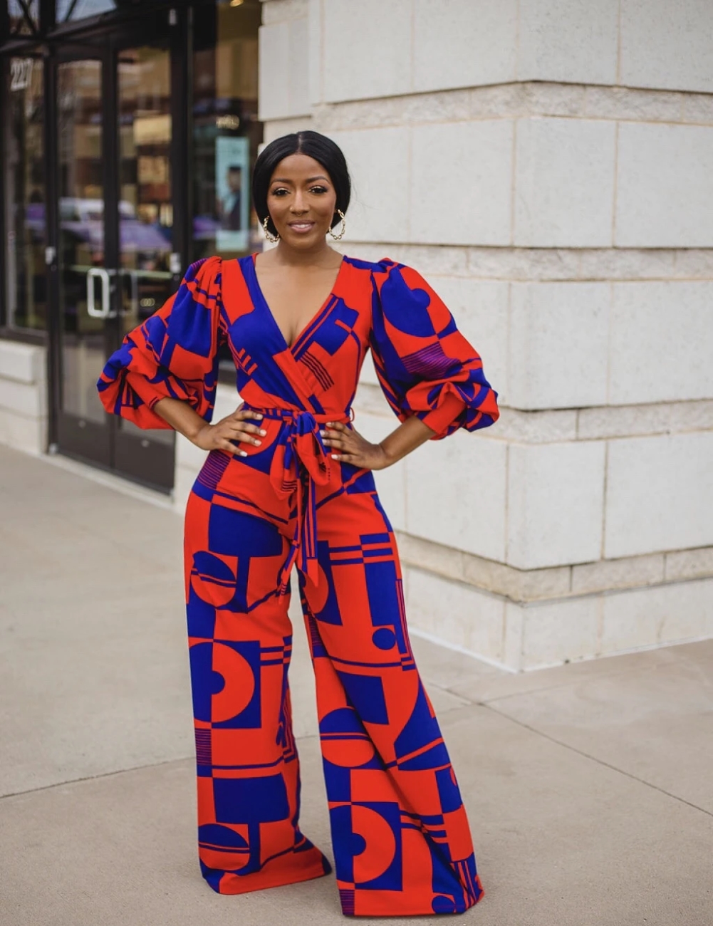 African Geommetric Wrapped Jumpsuit with Pop Sleeves