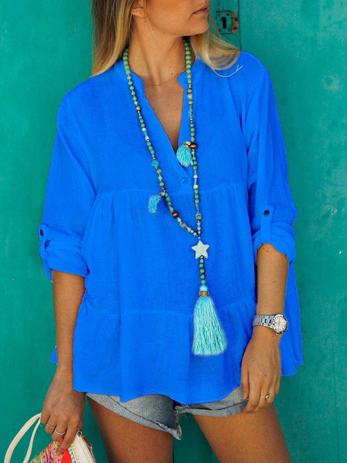 White 3/4 Sleeve Cotton-Blend V Neck Shirts & Tops