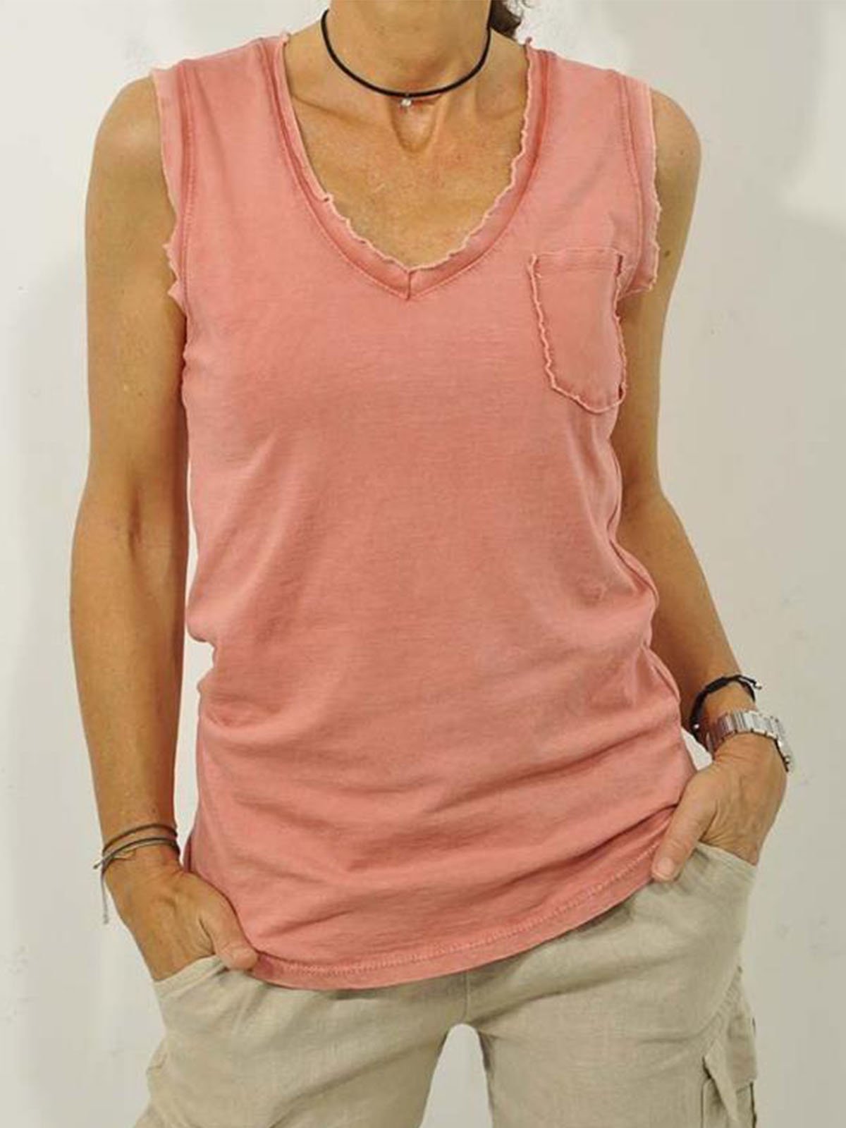 Casual V Neck Solid Sleeveless Pockets Tops