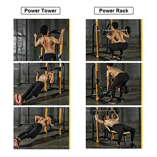ZENOVA Power Rack Squat Rack Fitness Pull Up Bar Station Weightlifting Barbell Rack with J-Hooks, Dip Bar (Yellow)