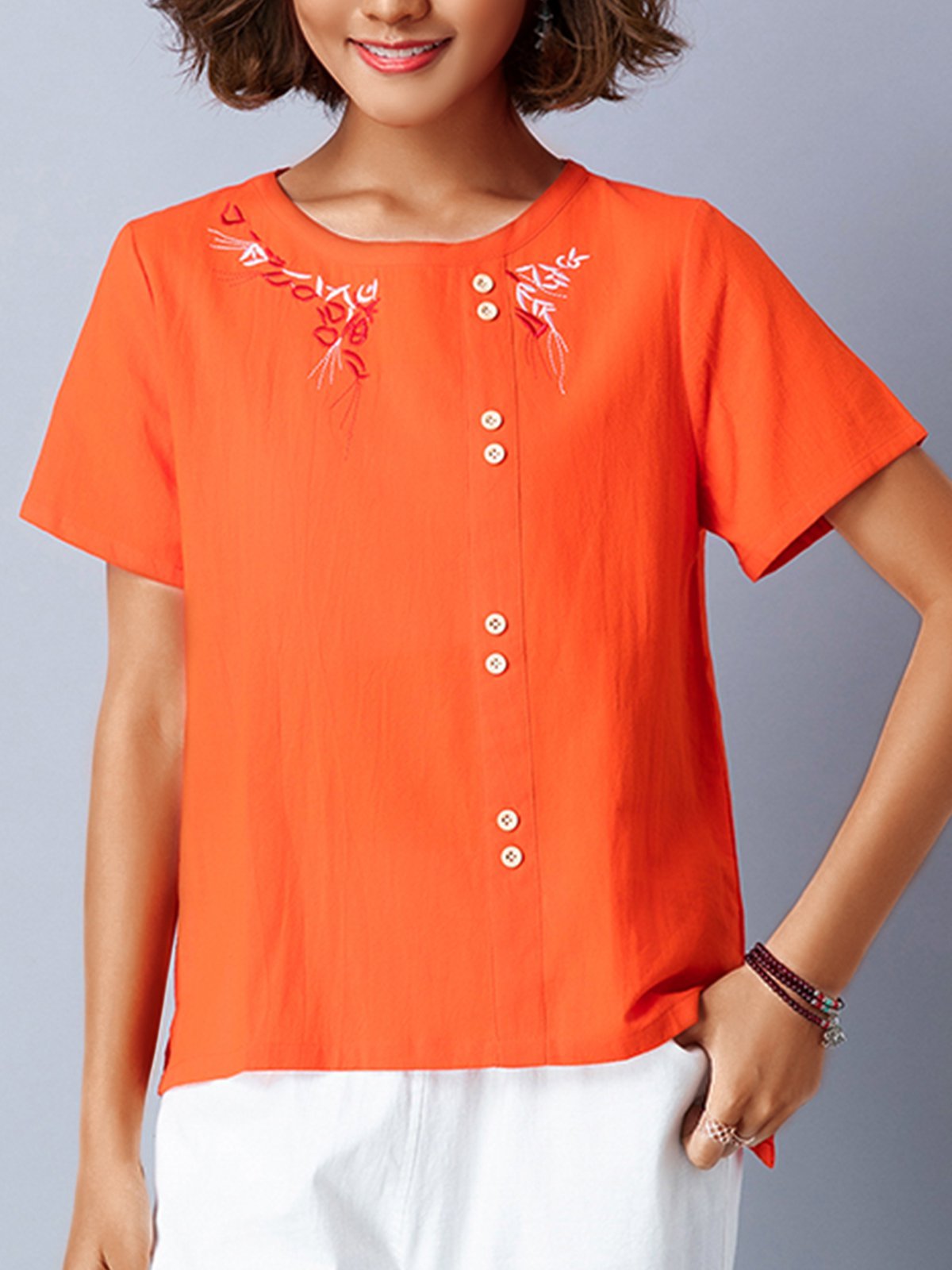 Plus Size Women Short Sleeve Round Neck Vintage Floral Casual Tops