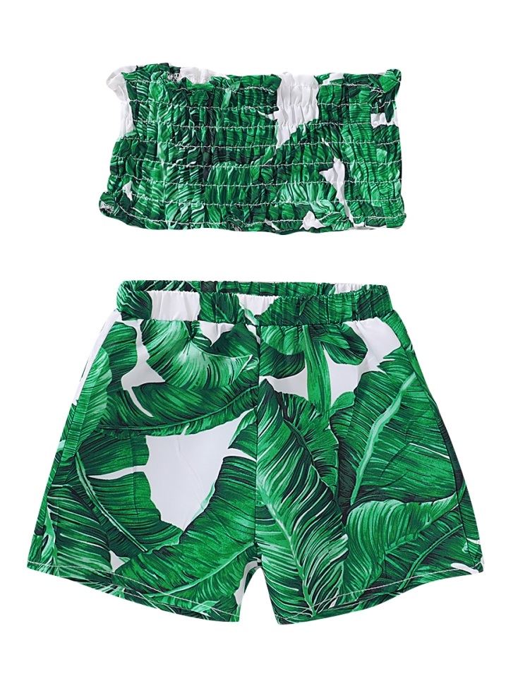 Kids Girl Summer Print Green Bandeau Top and Shorts