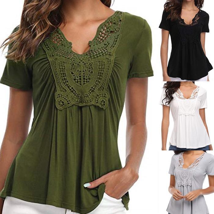 Bluză model nou, cu decolteu adânc în V, cu model, bluză cu mâneci scurte și volane