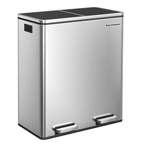 Dual Trash Garbage Can, Recycling Bin with Plastic Inner Buckets, Hinged Lids