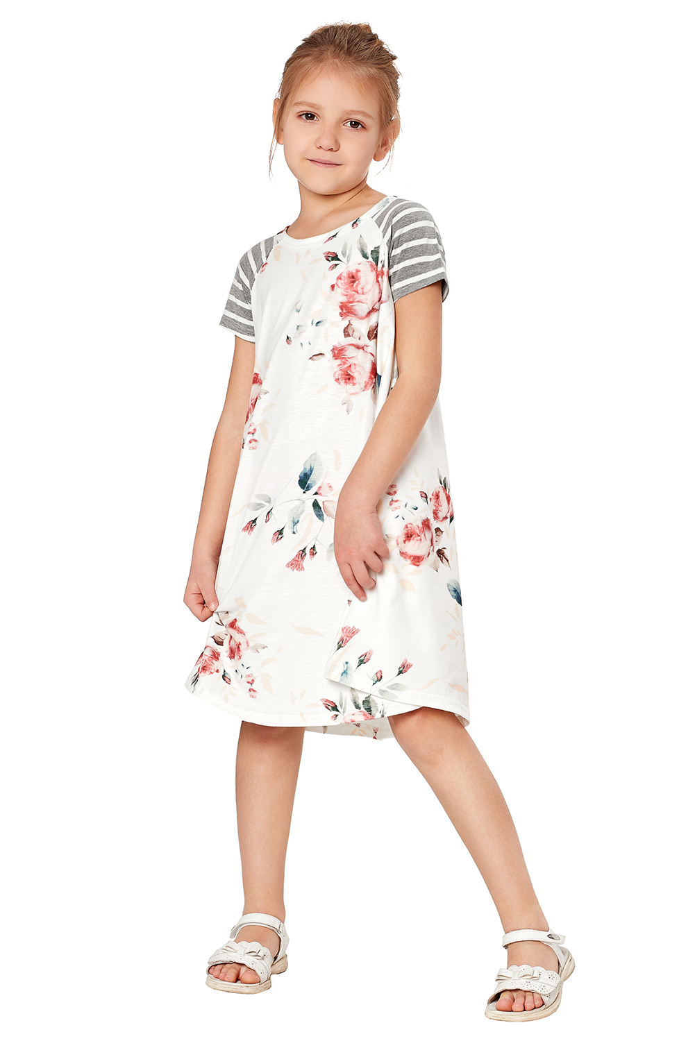 White Stripes Short Sleeve Floral Little Girl Dress