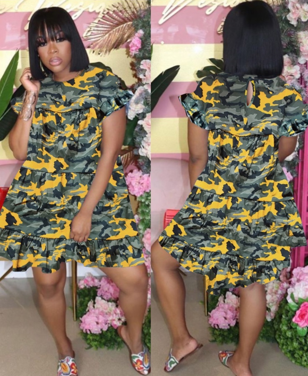 Camou Print A-Line Ruffle Shirt Dress