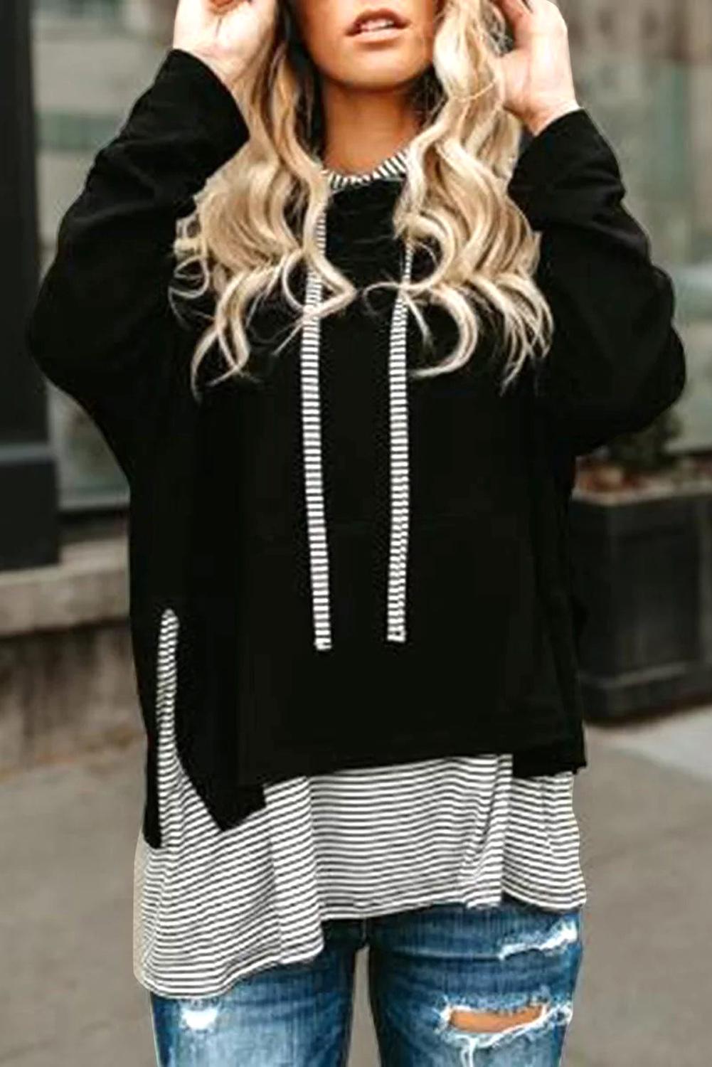 Black Striped Stitching Long Sleeve Hoodie
