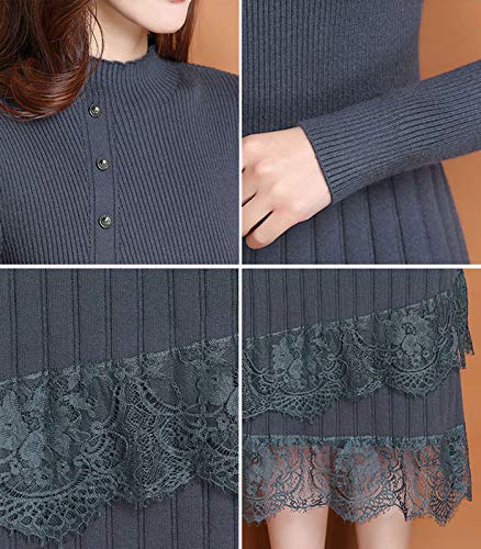 连衣裙 女士 秋冬 长袖 罗纹针织连衣裙 蕾丝