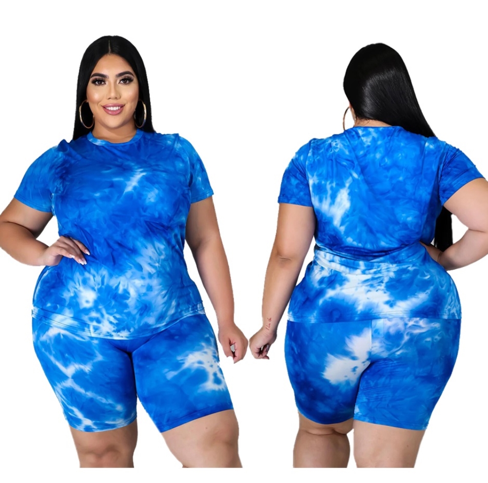 Plus Size Summer Tie Dye Two Piece Biker Shorts Set