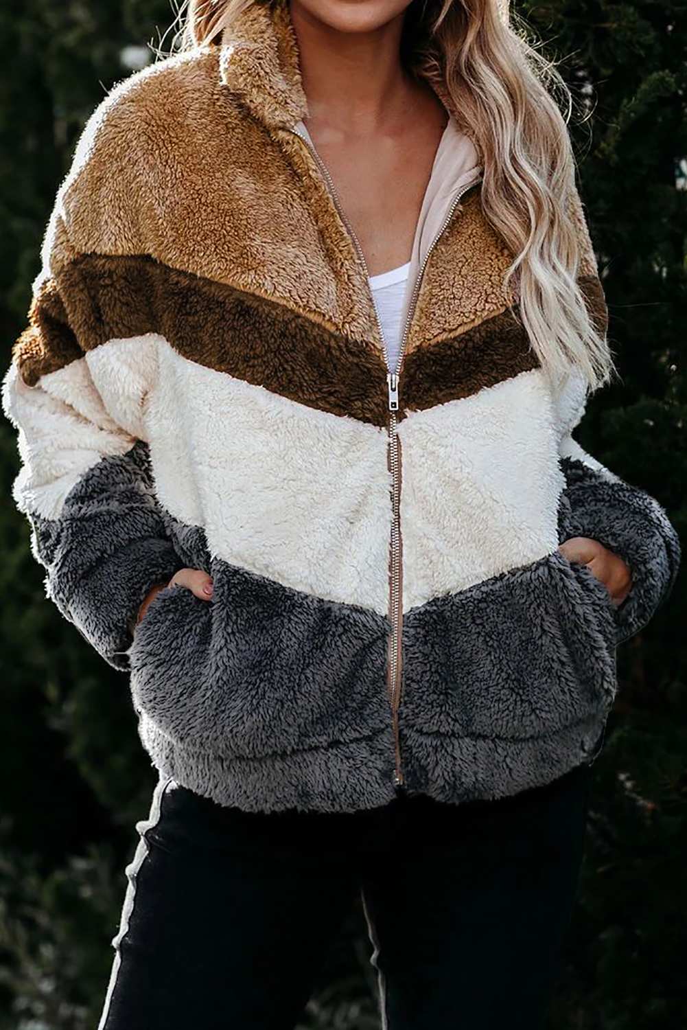 百搭拼色侧袋保暖蓬松毛绒拉链夹克外套