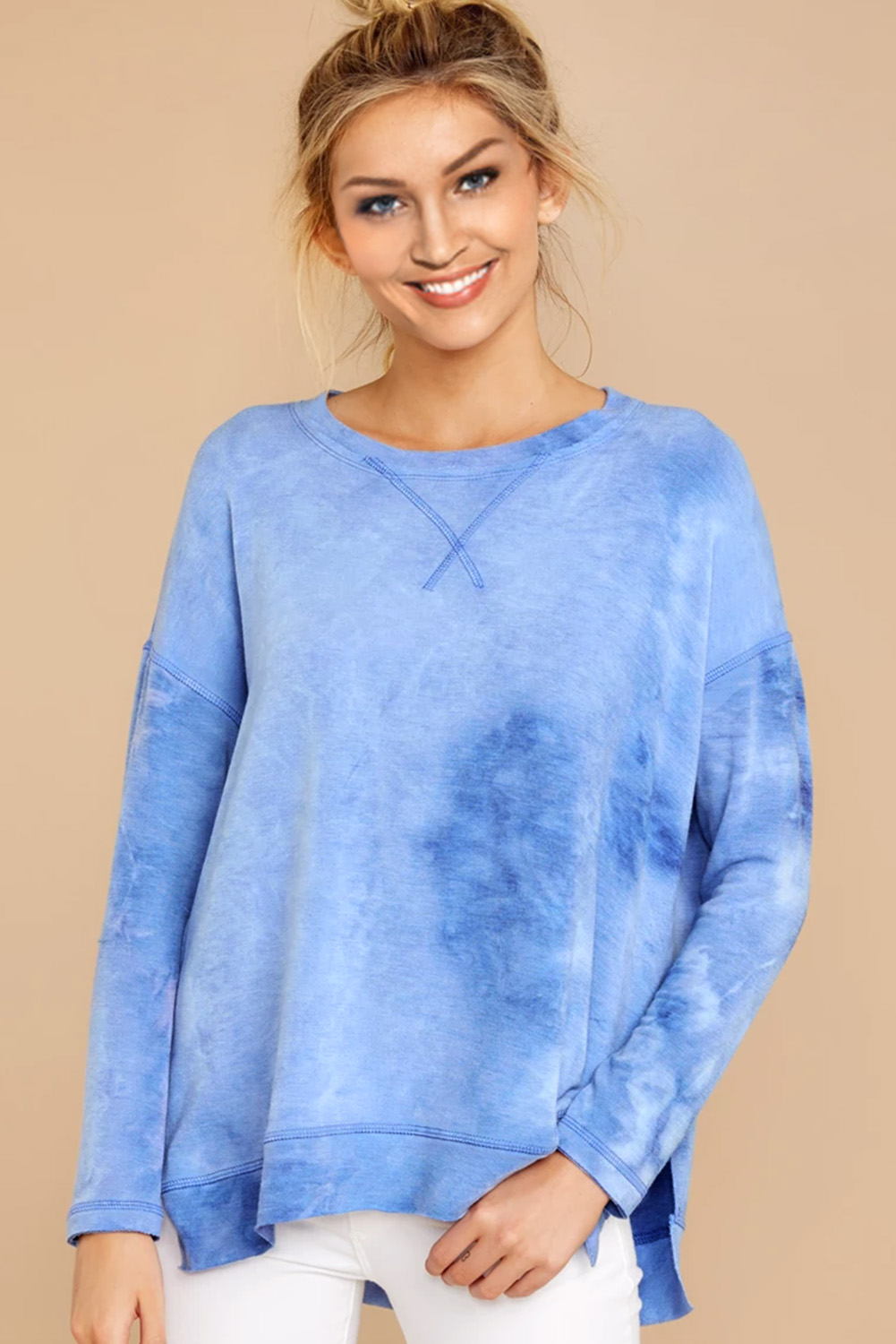 Sky Blue Drop Shoulder High Low Hem Sweatshirt