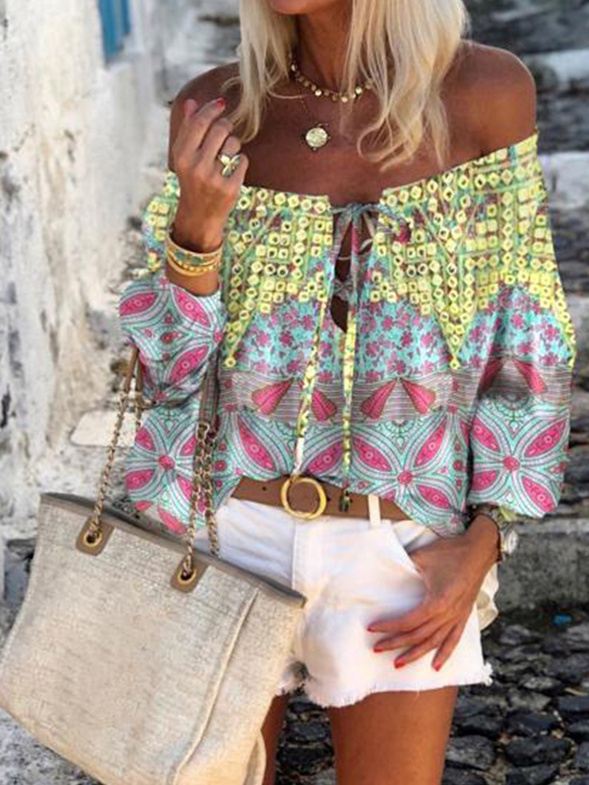 Multicolor Off Shoulder Printed Cotton-Blend 3/4 Sleeve Shirts & Tops