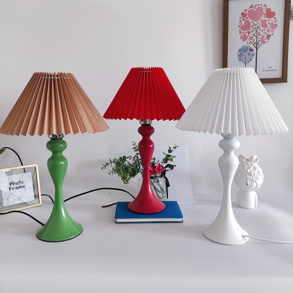 Bedside Lamps Japan Style Green Table Lamps with White Brown Pleated Fabric Shade