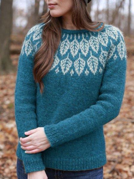 Leaf Printed Crew Neck Long Sleeve Sweaters