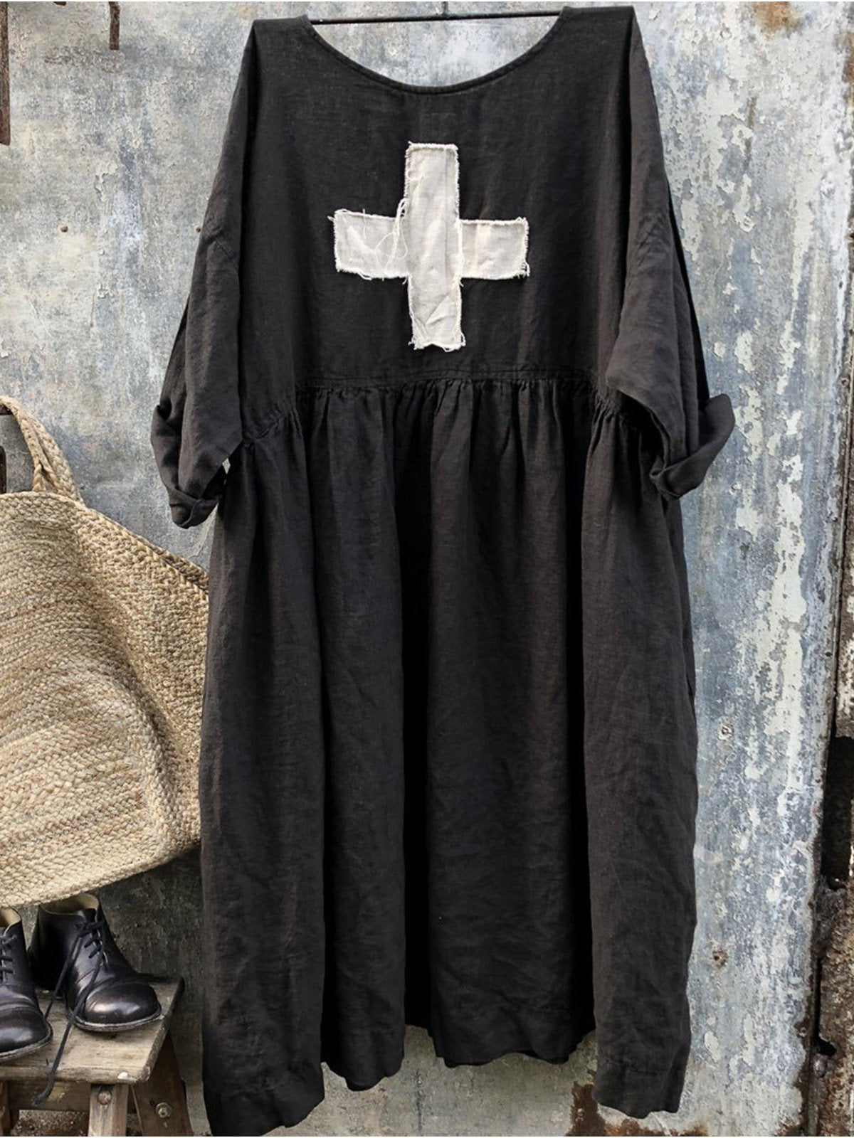 Women Linen Dress With Swiss Cross