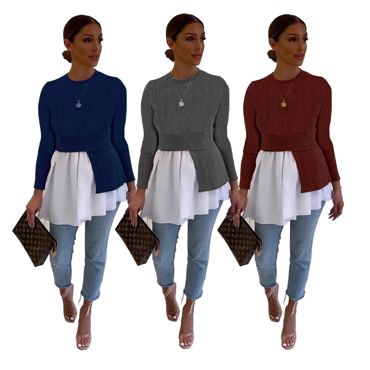 Contrast Patchwork Peplum Top with Sleeves