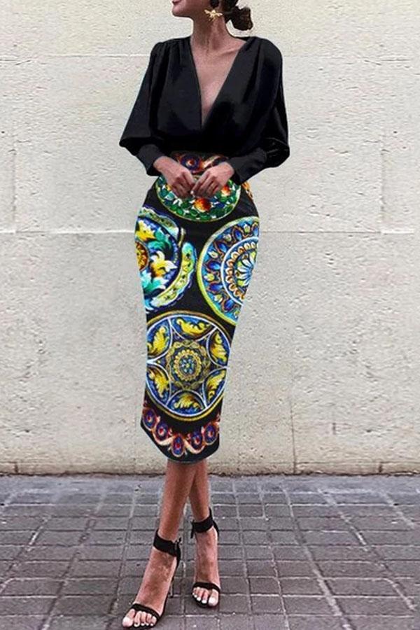 Fashion Business Elegant Slim Floral V Collar Long Sleeve Bodycon Evening Dress