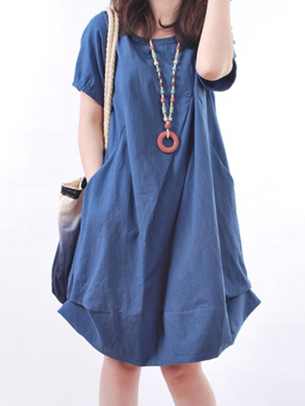 Women Short Sleeve Pockets Cocoon Casual Dress