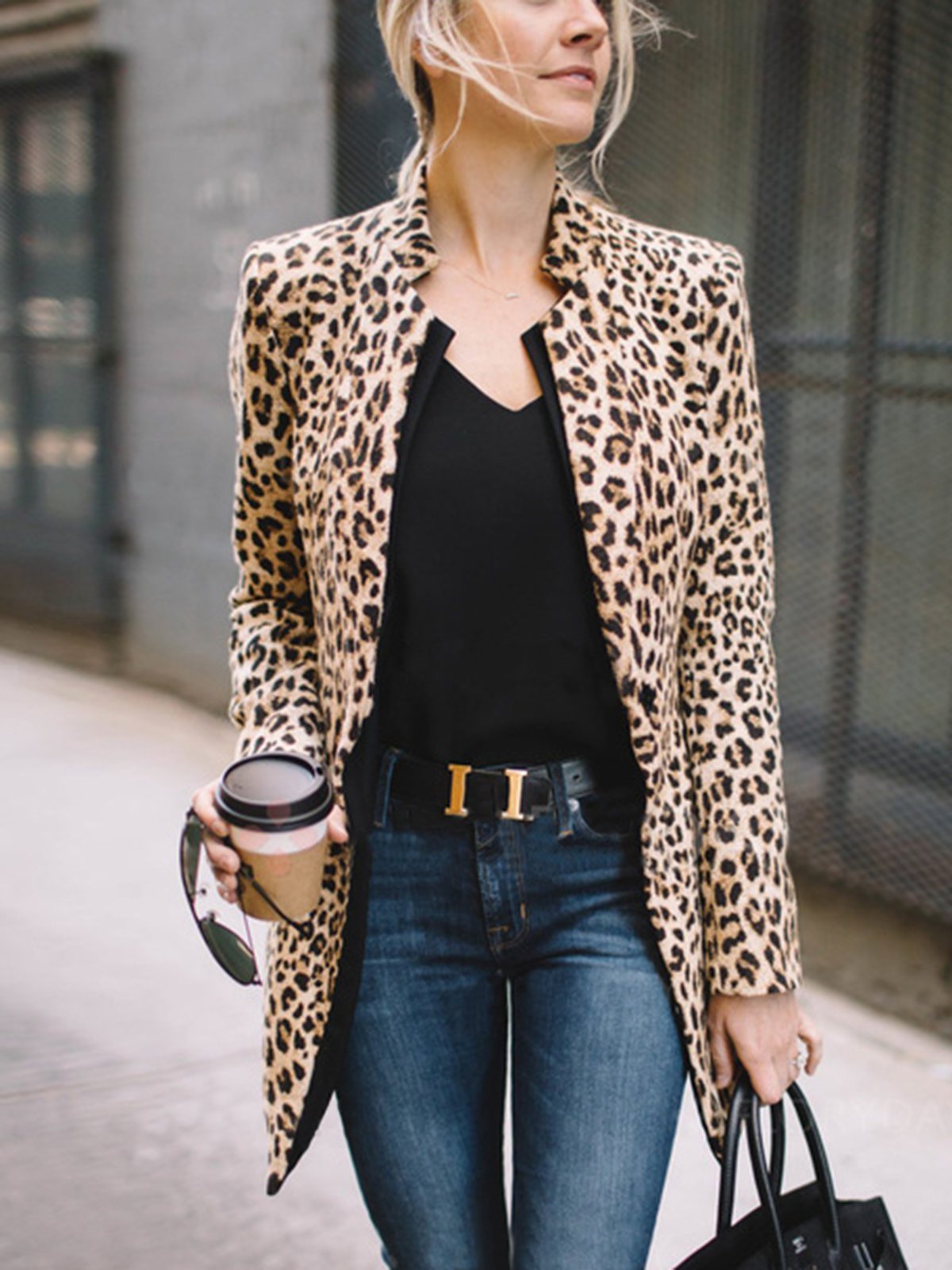 Leopard Printed Vintage Lapel Long Sleeve Blazers