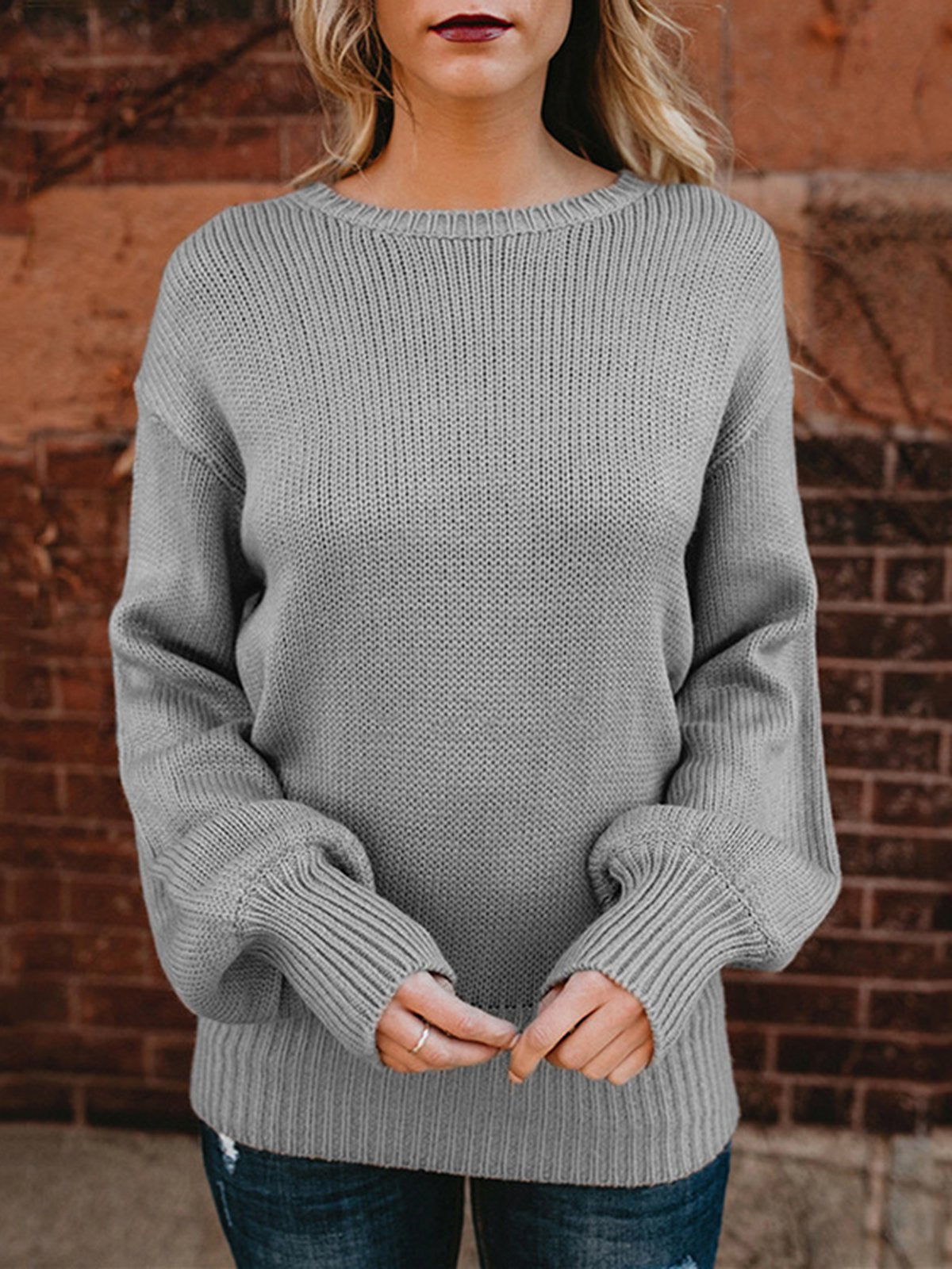 Acrylic Crew Neck Casual Lace Up Sweater