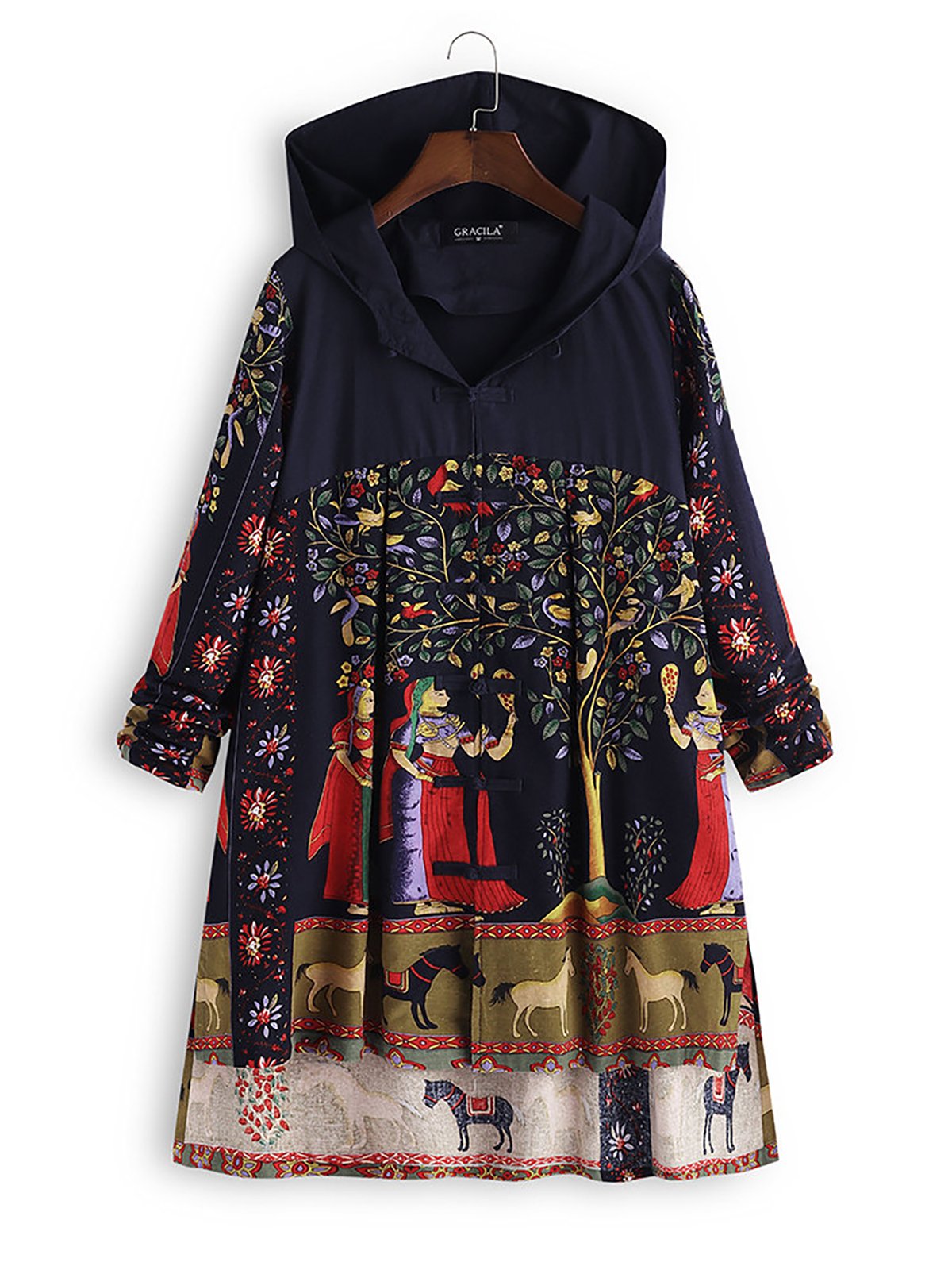 Womens Folk Style Print Hooded Irregular Frog Button Vintage Coats