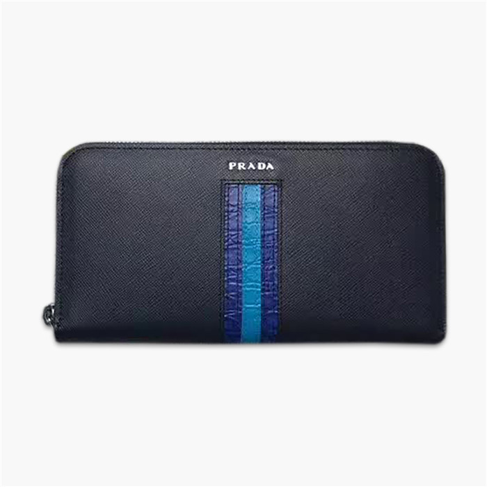 【原版皮】普拉达/Prada 拉链钱夹，选用十字纹小牛皮镶嵌彩带鳄鱼纹裁制而成，经典之作，简单时尚，款号：2ML317