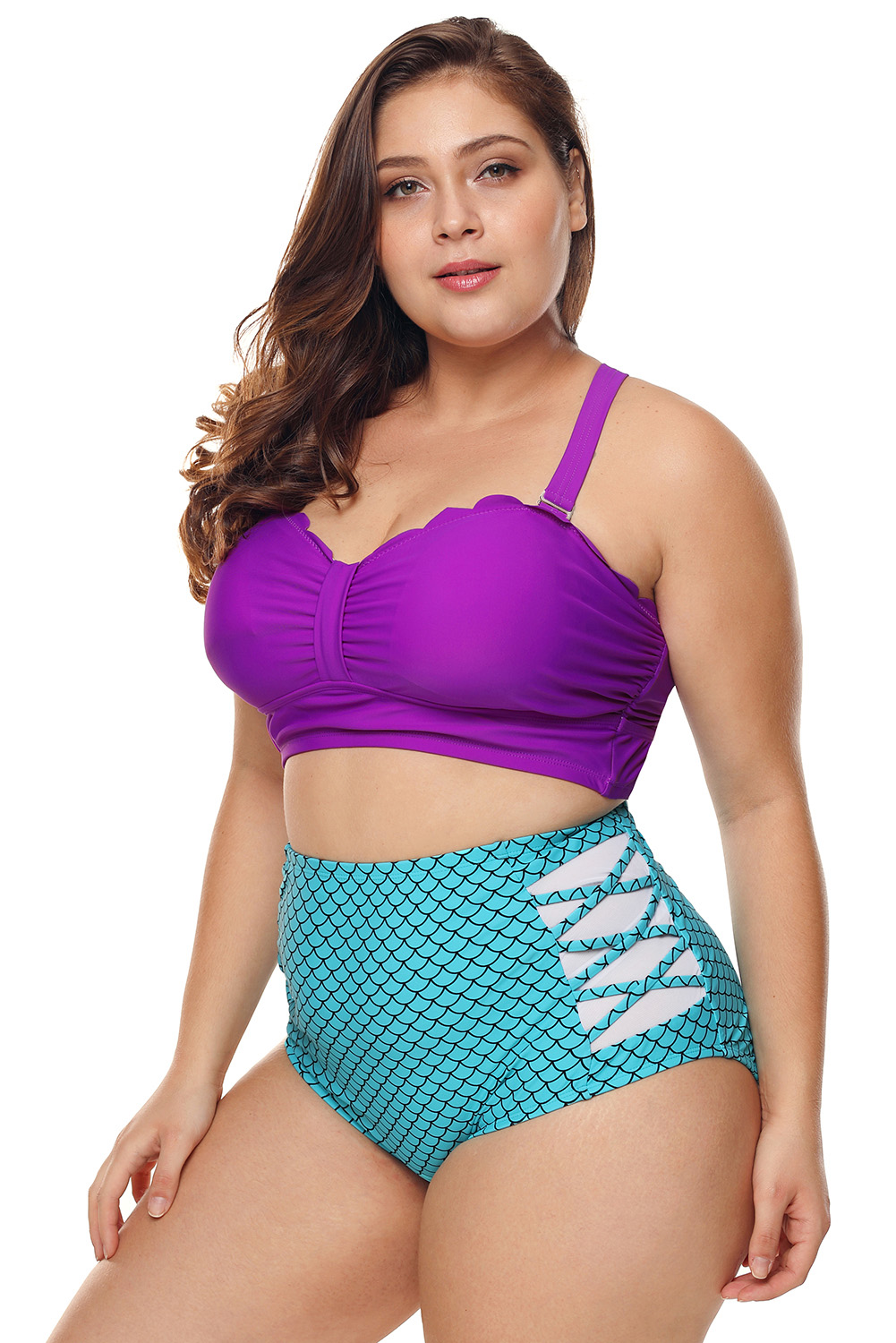 Plus Size Purple & Blue Scalloped Detail High Waist Swimsuit