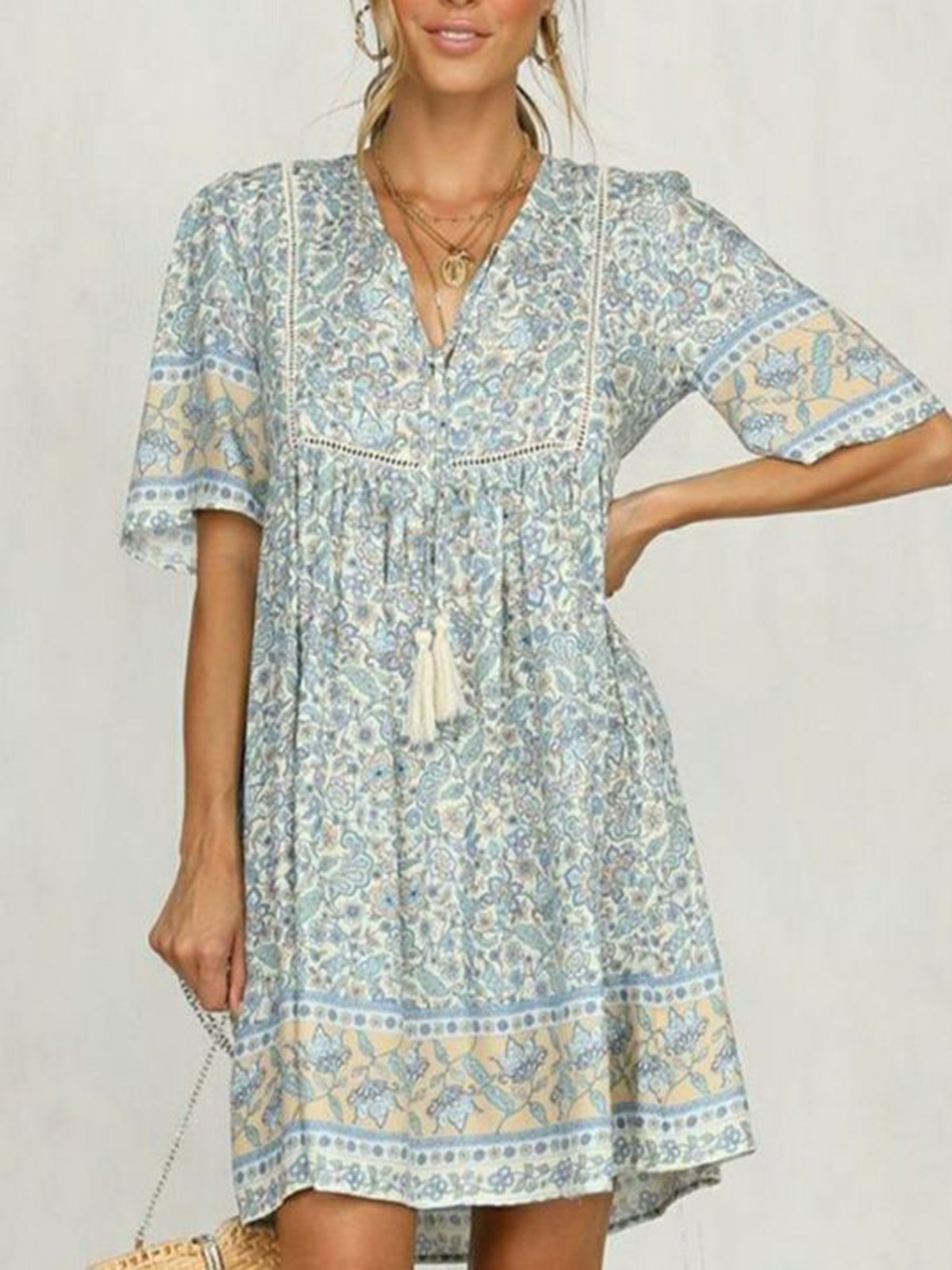 Light Blue Half Sleeve Cotton-Blend Dresses