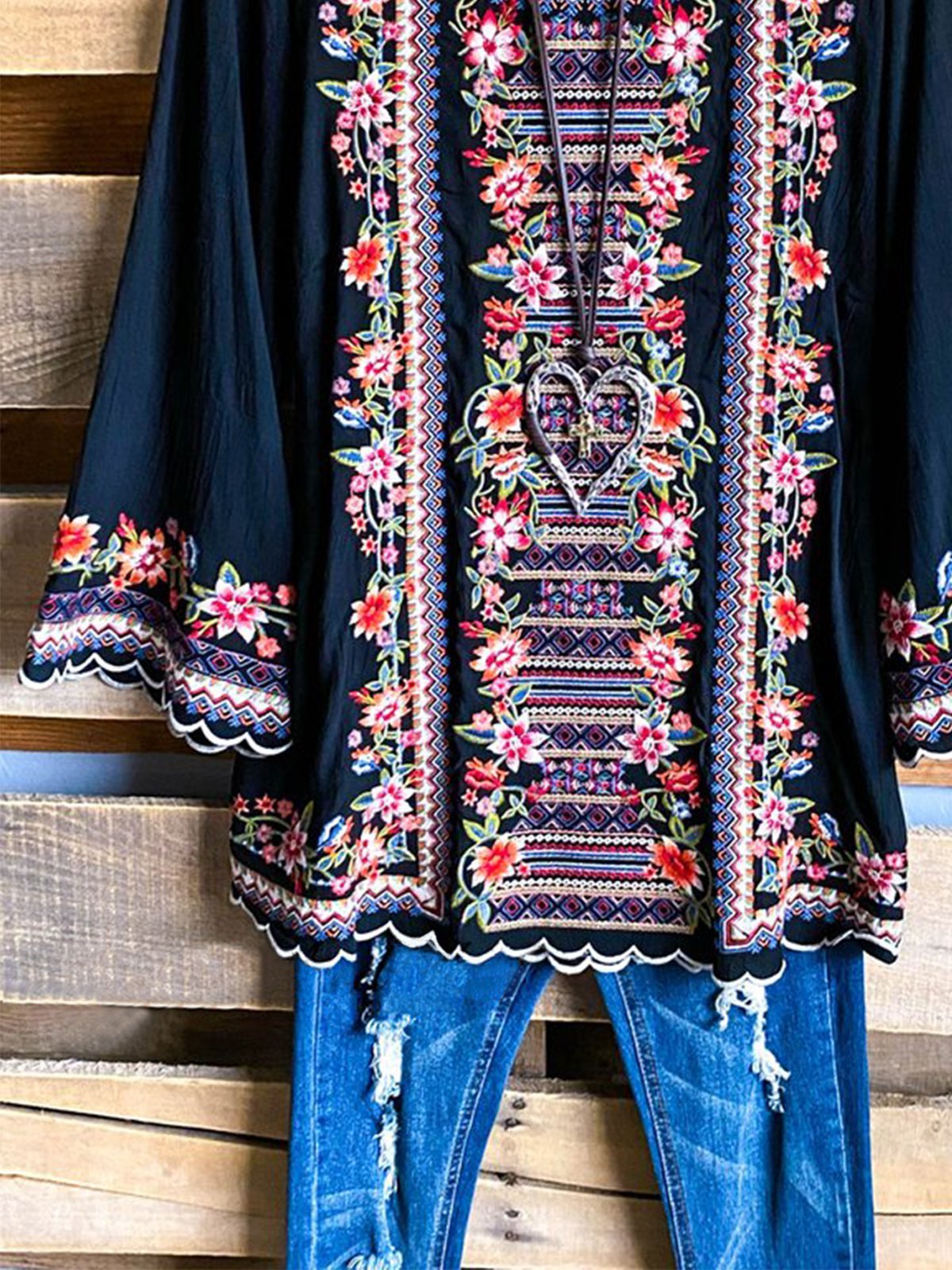 Crew Neck 3/4 Sleeve Floral Shift Shirts & Tops