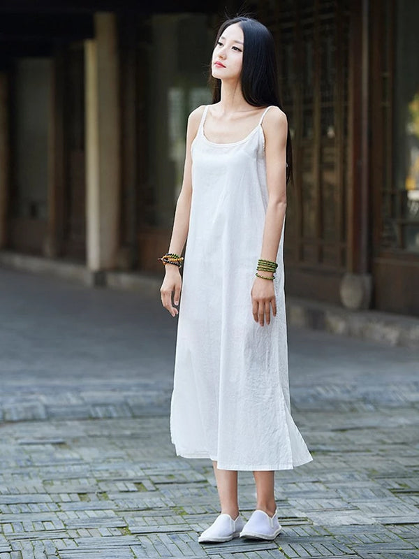 Tank Type Women Linen and Cotton Sleeveless Tea Length Dress