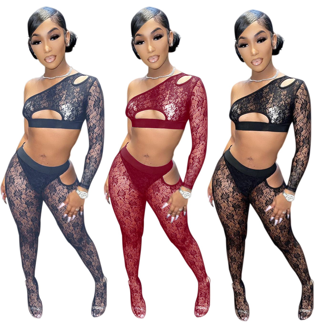 See-through lace hollow one-shoulder suit QZ4336