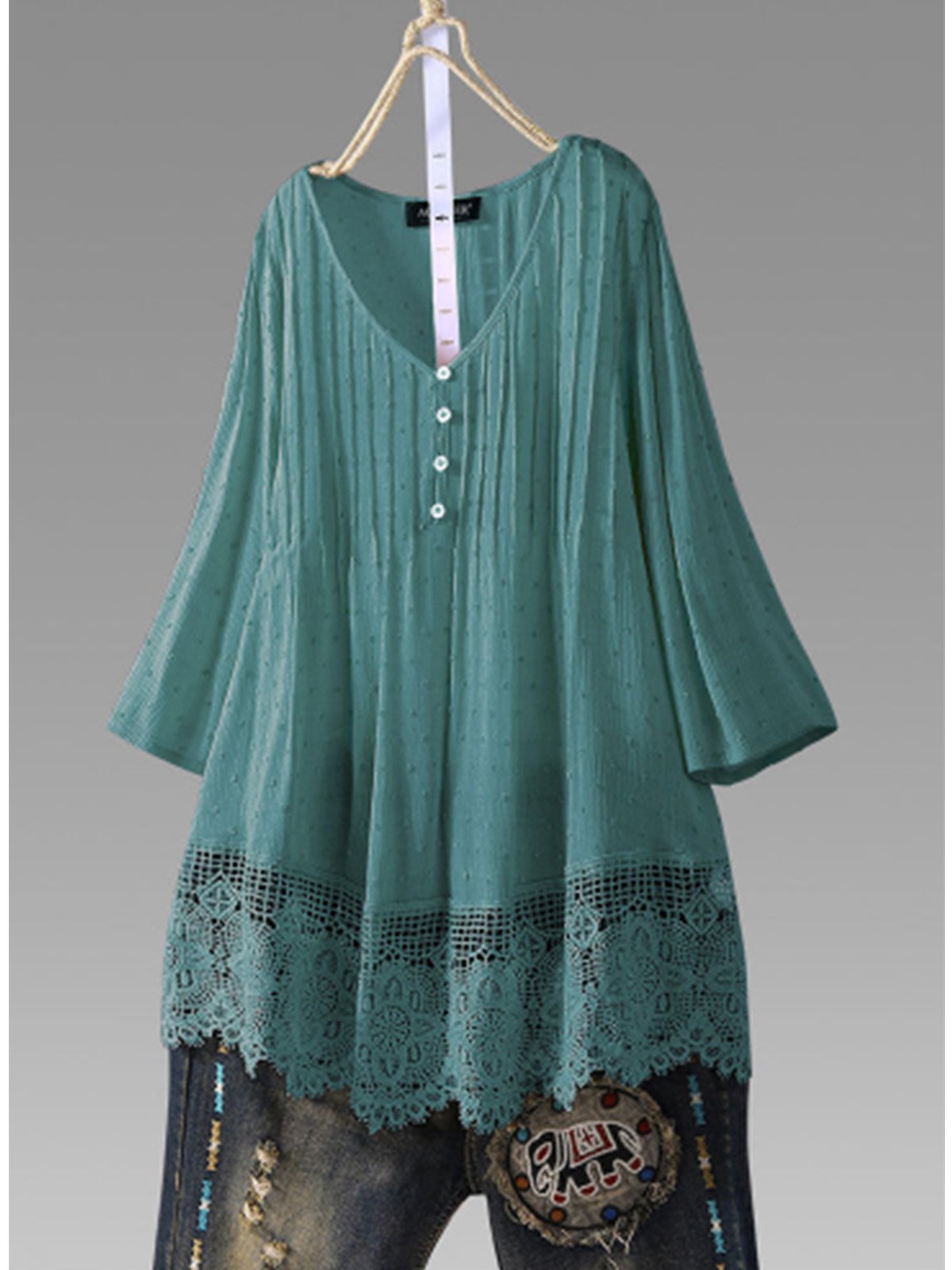 Women Casual Loose Lace Cutout Tops Tunic Blouse Shirt