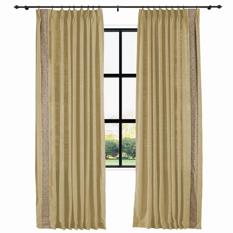 AMARA Polyester Linen Curtain Drapery With Decorative Trim Custom Sold Per Pair