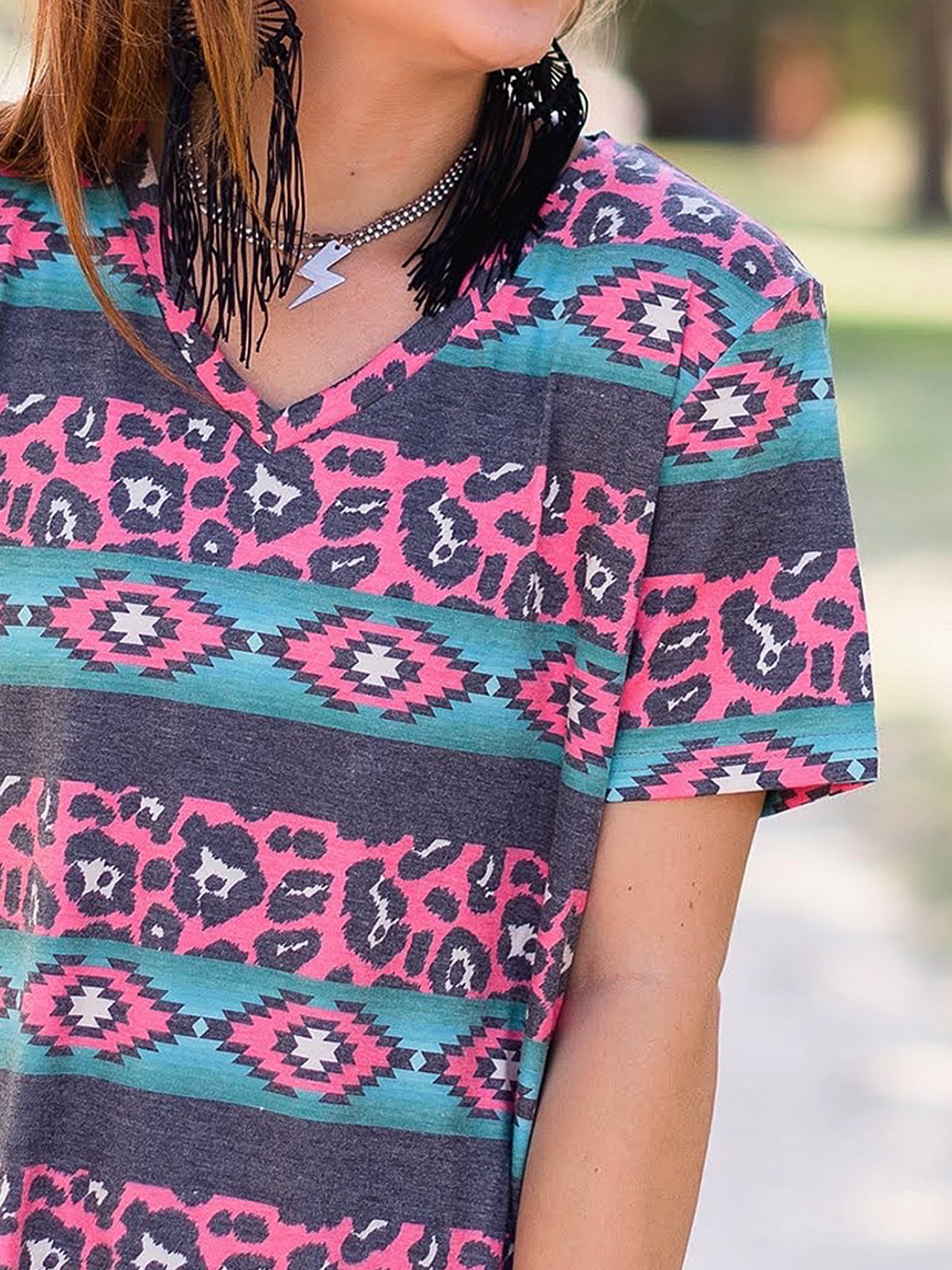 Geometric Vintage V Neck Short Sleeve Shirts & Tops