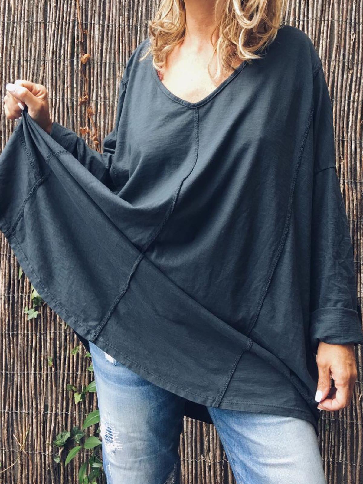 Casual V Neck Solid Long Sleeve Tops