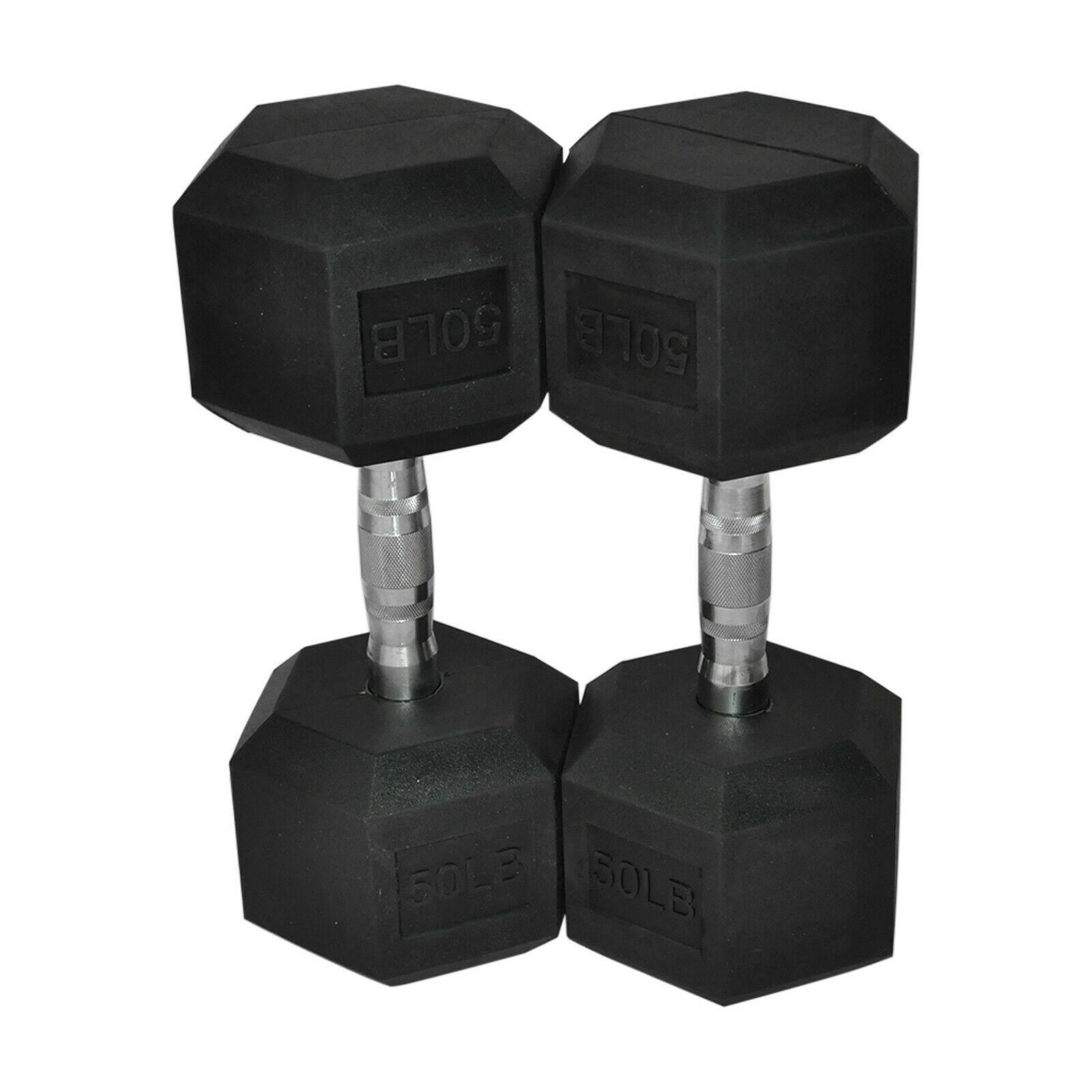 10Pair Rubber Dumbbells 5-50 lb with Dumbbells Rack Hexagonal Home Gym Equipment