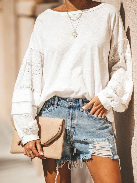 Solid Crew Neck Casual Long Sleeve Shirts & Tops