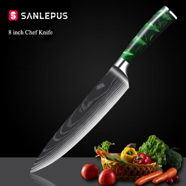 1-10 Pcs Chef Knife Set Kitchen Knives Laser Damascus Pattern Sharp Japanese Santoku Knife