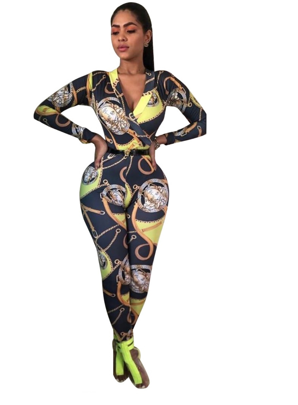 Print Long Sleeve Wrapped Bodycon Jumpsuit