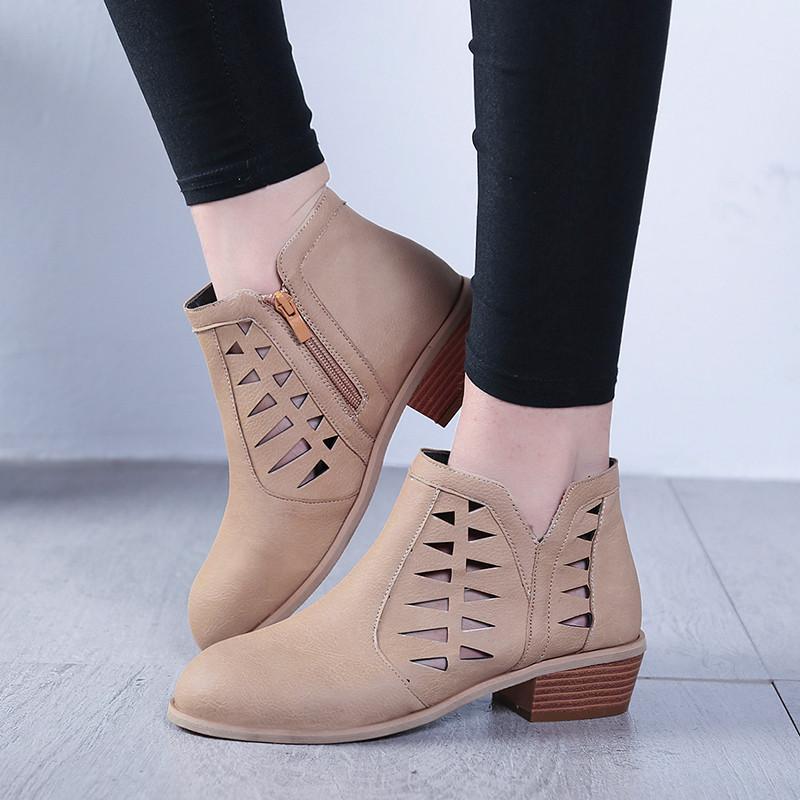 Women Spring Low Heel Booties Hollow-out Zipper Daily Shoes