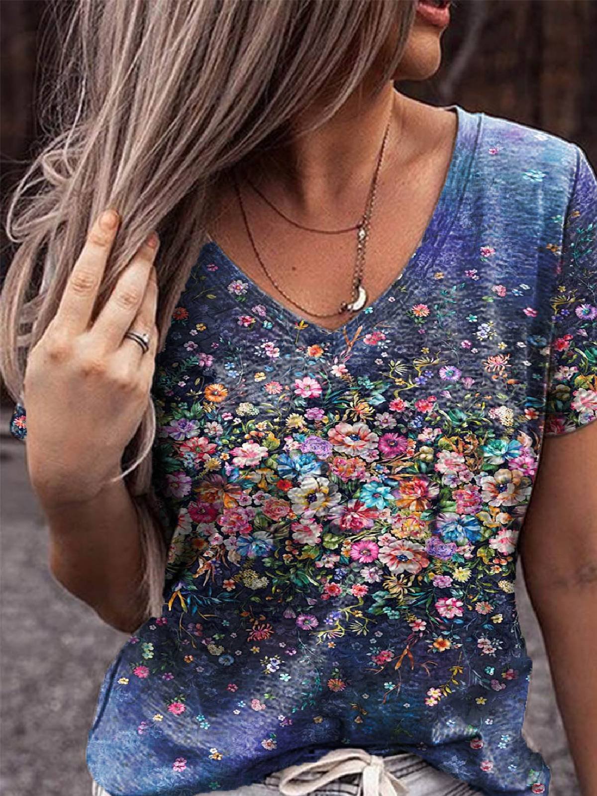 Floral V Neck Floral-Print Casual Shirts & Tops