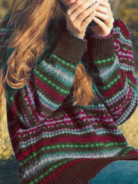 Long Sleeve Color-Block Tribal Sweaters