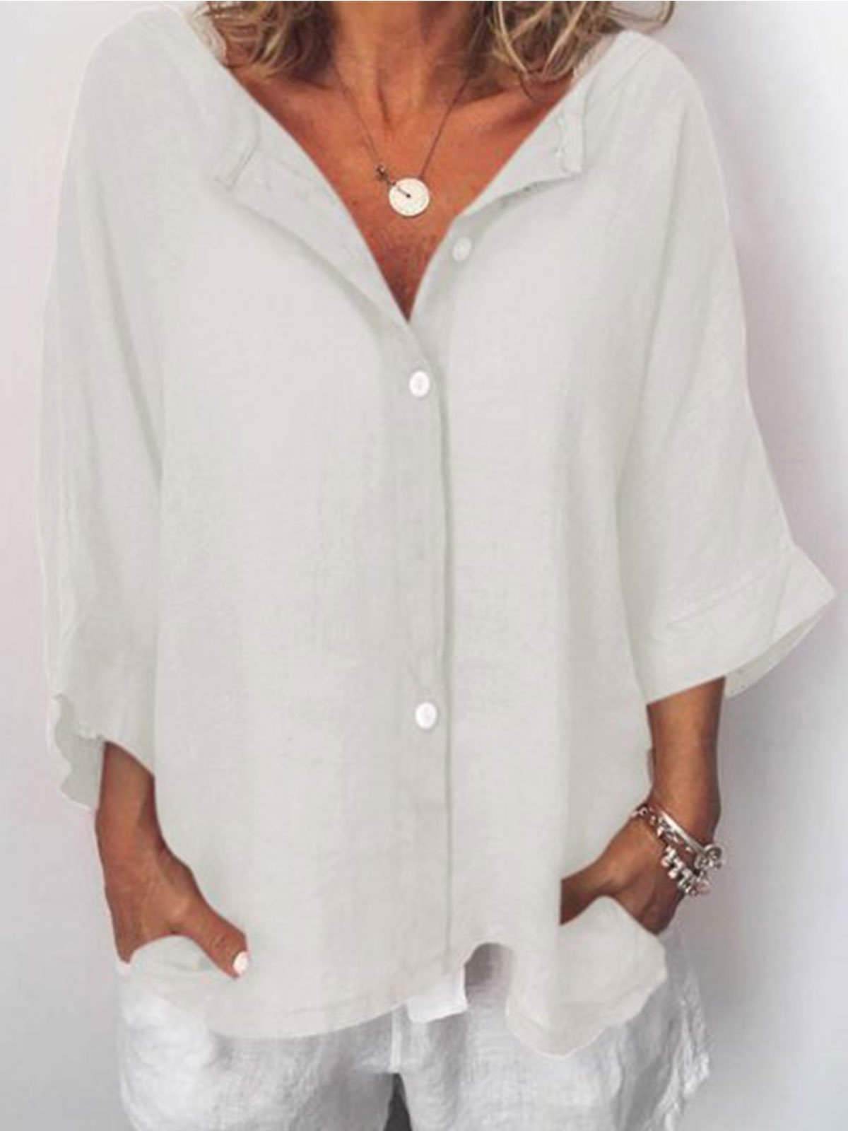 Plus Size Casual Solid V Neck 3/4 Sleeve Tops
